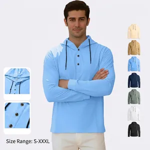Men's light blue long sleeve hoodie henley with contrast drawstring and three buttons