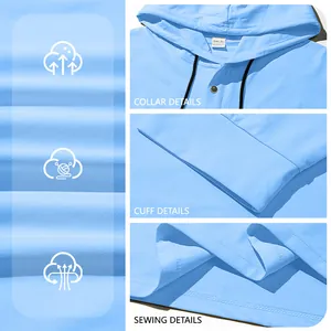 Detail view of light blue men's hoodie featuring drawstring collar and ribbed cuffs