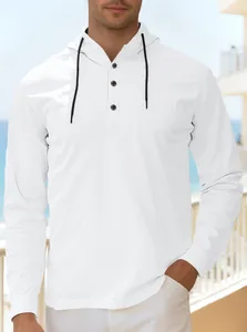 Detail of white men's hoodie with three-button henley collar and black drawstrings