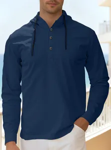 Detail of navy blue men hoodie with three buttons and drawstring on the neckline