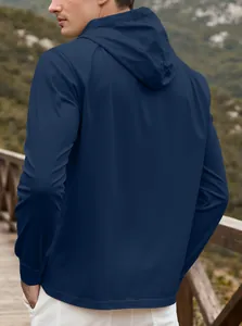 Rear view of navy blue men's hooded windbreaker featuring elastic cuffs and slim fit design
