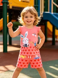 Kids Girls Summer Cotton Outfit With Rabbit Embroidery And Ruffle Sleeves Coral Pink Top And Heart Print Shorts Suit