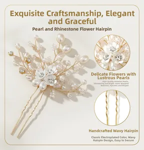 Detail of handcrafted bridal hair pin with pearls, rhinestones and golden wire work