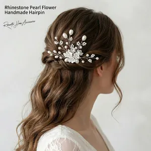 Épingle à Cheveux Mariée Fleurs Fait Main Imitation Künstliche Perle Strass Fourche à Cheveux en U pour Mariage Fête Femme Bijoux
