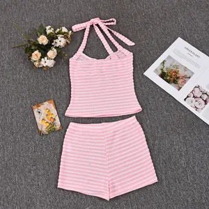 Detailed view of pink and white striped knit halter crop top and shorts set for girls