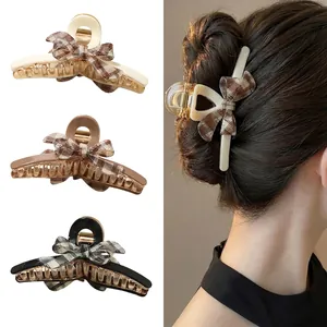 Acetate Checkered Bow Hair Claw Clip For Women Elegant French Retro Plaid Shark Clip Large Hair Accessory For Daily Styling