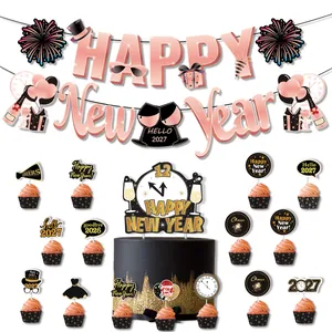 Rose gold Happy New Year 2027 party decoration set with banners and cake toppers
