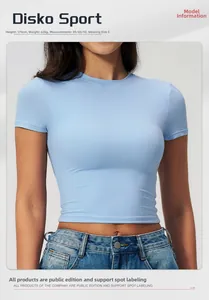 Close-up of light blue quick-dry fitness T-shirt with model size information