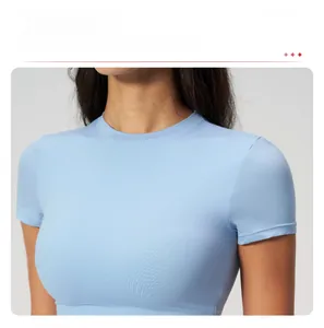 Close-up of the professional round neckline on a light blue athletic fitness t-shirt