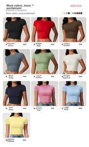 Collage of slim fit short sleeve yoga t-shirts showing ten vibrant color options