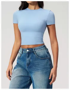 Detailed texture of slim fit quick-dry yoga crop top in sky blue with crew neck