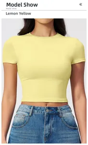 Lemon yellow slim fit quick-dry yoga tee shown on model with blue jeans