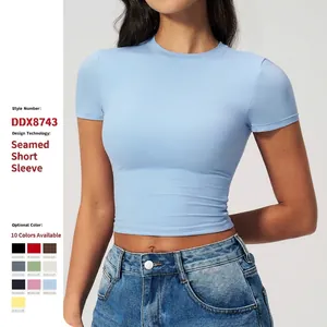 Women's Slim Fit Sports Yoga Top Nylon Spandex Brushed Quick Dry Short Sleeve Pullover Crop Top Athletic T-Shirt