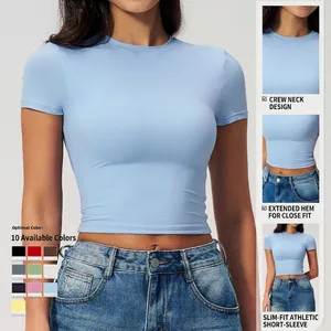 Slim fit light blue athletic short sleeve yoga T-shirt with crew neck design