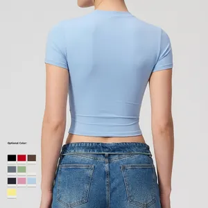Slim fit quick-dry yoga crop top for women in light blue with 10 color options available