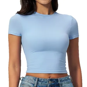 Slim fit light blue crew neck crop top athletic shirt for women yoga and running