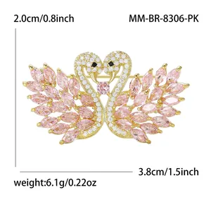 Detailed size chart of a swan brooch with pink stones measuring 2.0cm by 3.8cm