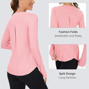Pink long sleeve UV protection yoga shirt with stylish back folds and split hem design