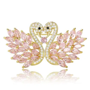 Elegant Double Swan Heart Shape Brooch Copper Micro-set Zirconia Pin For Women Luxury Fashion Clothes Jewelry Accessories