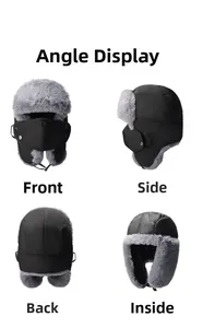 Front, side, back and interior views of windproof winter trapper hat with gray faux fur