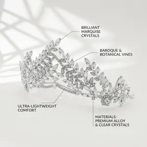Baroque silver leaf bridal tiara with marquise crystals on a lightweight alloy crown