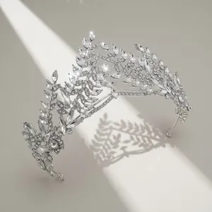 Luxury Baroque bridal crown featuring olive leaf design and crystal rhinestones in silver