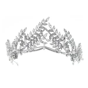 Elegant Baroque olive leaf bridal crown with sparkling silver rhinestones for weddings