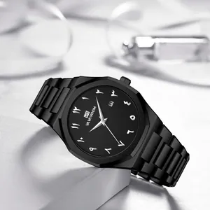 Men's black stainless steel watch with Eastern Arabic numerals and date window