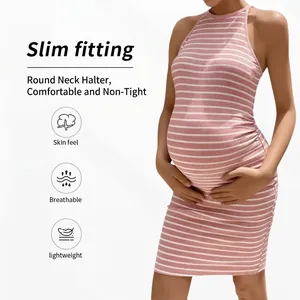 Striped Maternity Dress Ribbed Polyester Spandex Halter Neck Sleeveless Bodycon Slim Fit Midi Length Pregnancy
