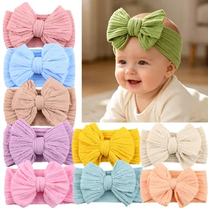 Baby Infant Bow Headband Jacquard Elastic Wide Hair Band For Toddler Kids Soft Knitted Turban Headwrap Hair Accessories