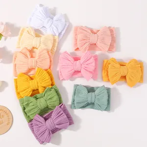 Elastic jacquard baby headband set with wide bows in various soft pastel colors