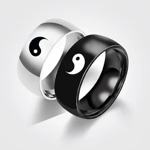 Tai Chi Yin Yang Symbol Ring Stainless Steel Band Vintage Polished Black Silver Jewelry For Couples Men Women