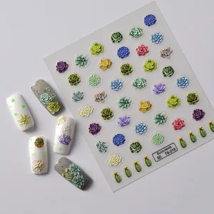Vue détaillée des autocollants à ongles 5D gaufrés avec motifs de plantes succulentes