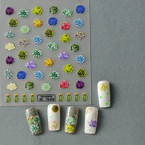 Autocollants 5D pour ongles à motif succulentes et cactus avec texture en relief