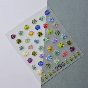 Autocollants à ongles 5D en relief avec motifs de plantes succulentes et de cactus