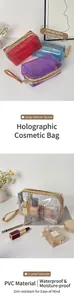 Detailansicht bunter Laser-PVC-Kulturbeutel mit Metallreißverschlüssen und Tragegriff