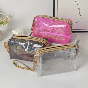 Dreiteiliges PVC-Kosmetiktaschen-Set mit Glitzer-Finish und goldenem Reißverschluss
