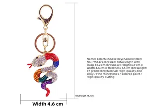 Detailed size specifications of colorful snake keychain with sparkling rhinestones