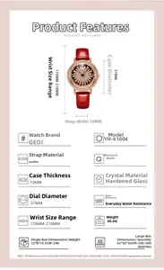 Spécifications de taille pour montre femme de luxe en or rose avec bracelet en cuir rouge