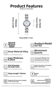 Detailed parameter diagram for GEDI silver quartz watch with pearl chain strap