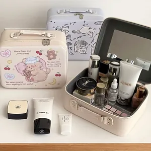 Portable cartoon makeup case with mirror and handles in white and purple faux leather