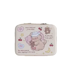 Cute cartoon puppy and bear large capacity portable makeup case in cream white PU leather