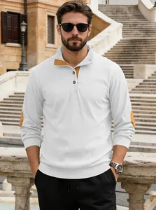 Detail of waffle knit texture and contrasting brown elbow patches on men's Henley shirt