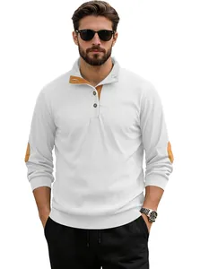 Detail view of white waffle knit polo shirt with brown corduroy elbow patches