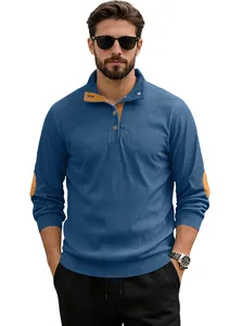 Detail of blue corduroy Henley shirt showing brown elbow patches and contrast collar
