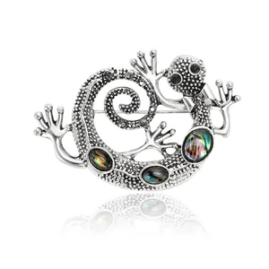 Vintage Legierung Gecko Brosche Mit Abalone Muschel Strass Eingelegt Retro Silber Eidechse Pin Für Damen Tier Schmuck Geschenk