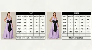 Size chart for the elegant lavender slim-fit dress with black bow detail and fish tail