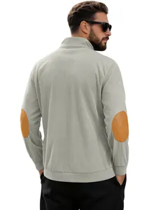 Rear view of corduroy henley sweater with brown elbow patches and ribbed cuffs