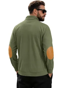 Detail of army green corduroy long sleeve top featuring classic brown faux suede elbow patches