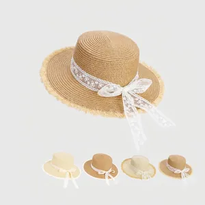 Chapeau Canotier En Paille Élégant Pour Femme Avec Nœud En Dentelle Large Bord Effiloché Protection Solaire De Plage